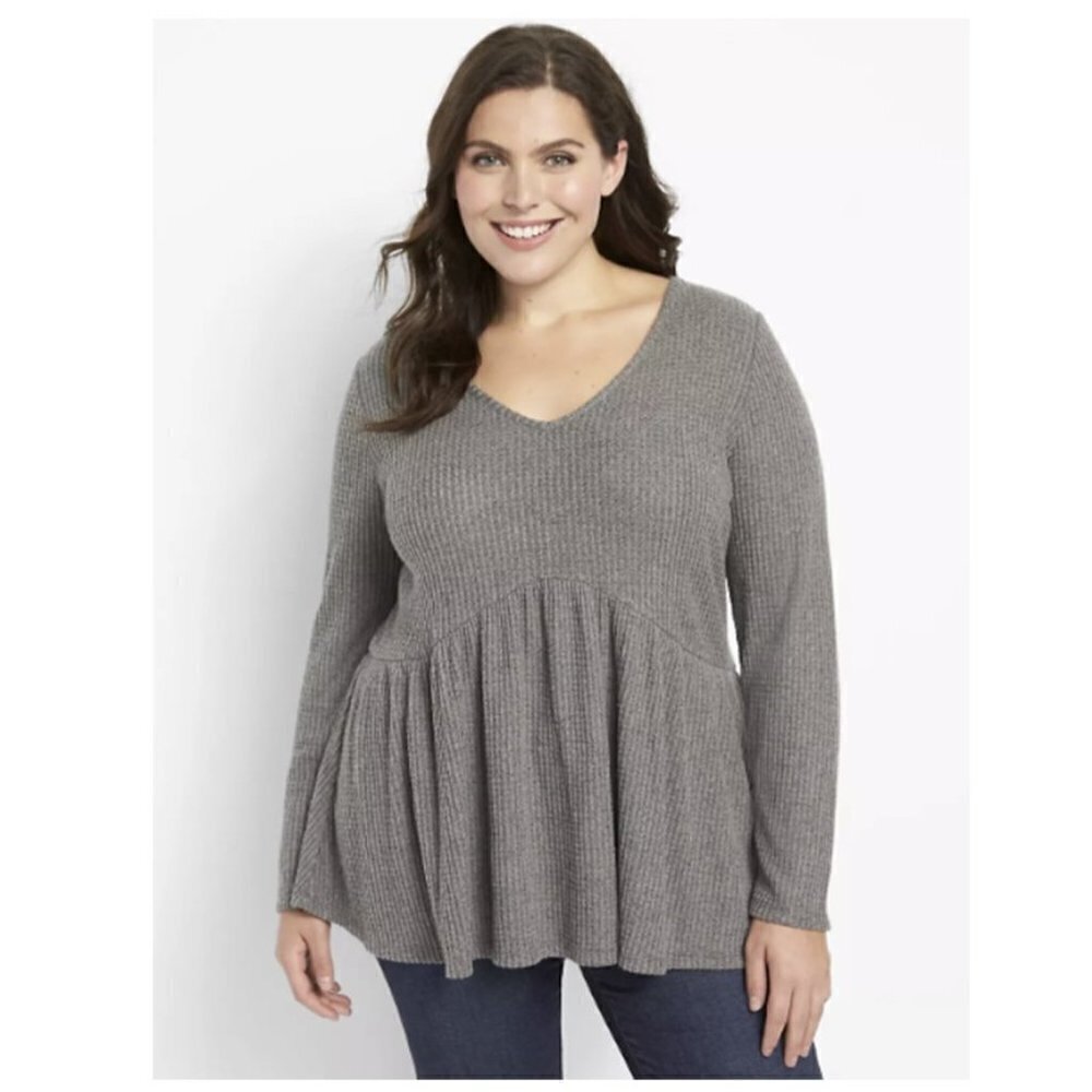 💎Lane Bryant Long Sleeve V Neck Waffle Knit Grey Top